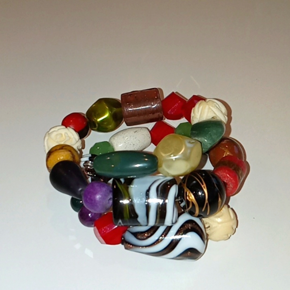 Colorful Glass Bead and Stone Memory Wire Bracelet